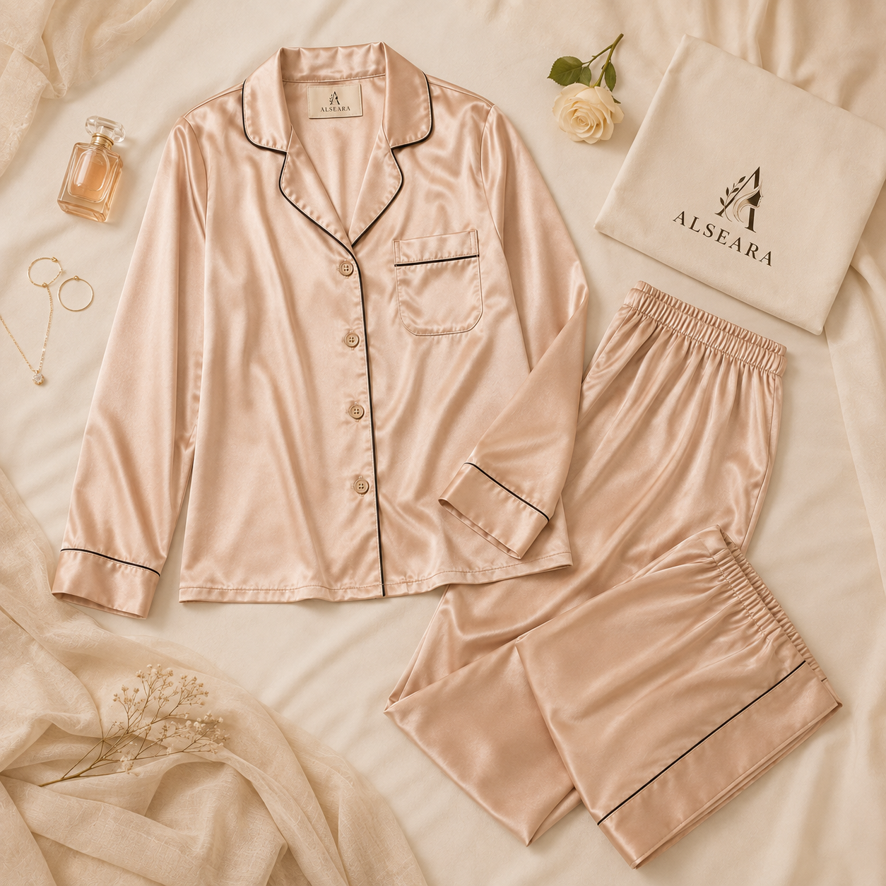Women’s Satin Pyjama Set | Luxury Silk Sleepwear Nightwear Set | Long Sleeve Button Top & Shorts