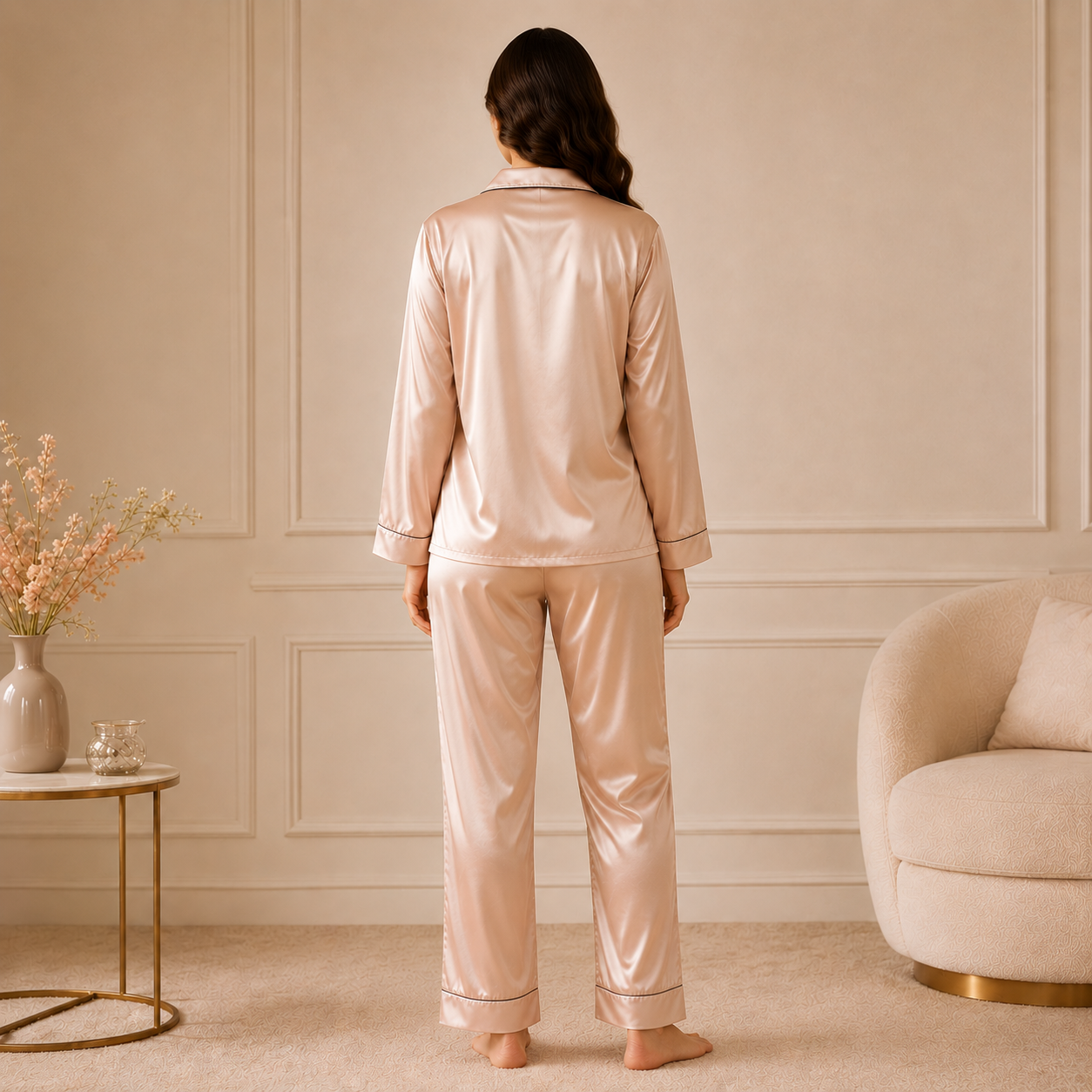 Women’s Satin Pyjama Set | Luxury Silk Sleepwear Nightwear Set | Long Sleeve Button Top & Shorts